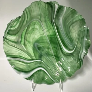 Art Glass Fused Bowl 2005 Signed Scalloped Ruffled Green White - Picture 1 of 10