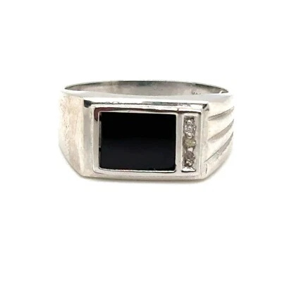 14KT WHITE GOLD MEN'S BLACK ONYX & DIAMOND RING SIZE 10, 3.7 GRAMS - Image 1 of 3