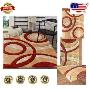 Machine-Made 5x7 Dark Red Fluffy Area Rug - Durable Geometric Design for Indoors - Picture 1 of 8