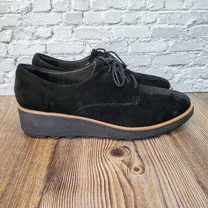 Clarks Women's Sharon Noel Oxford Size 9.5 41 Platform Lace Up Shoes Black Suede - Picture 1 of 9