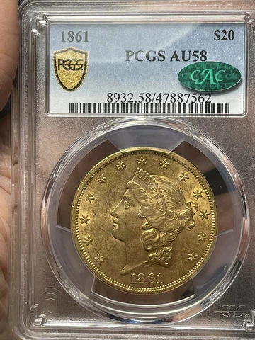 1861 Liberty Head $20 Gold Double Eagle PCGS AU 58 CAC Cover