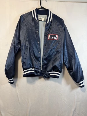 Vintage Bud Light Satin Bomber Jacket Mens Medium  Navy Blue Anheuser Busch Beer - Image 1 of 4