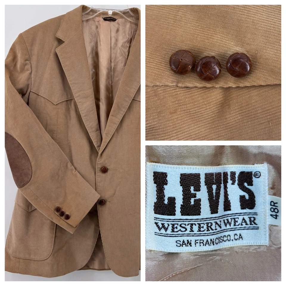 Blazer De Colección Levis Western Tostado Pana Abrigo Deportivo 2 Botones Parche en el Codo Para Hombres 48 R Foto 1 de 4
