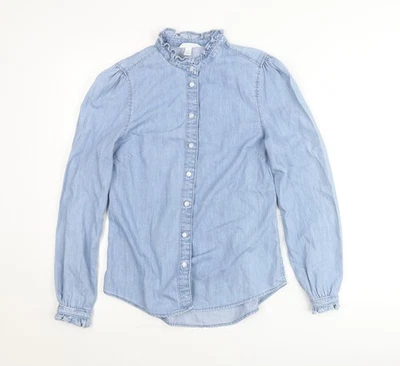 H&M Women’s Blue Cotton Ruffle Neck Button-Up Blouse XS - Image 1 of 4