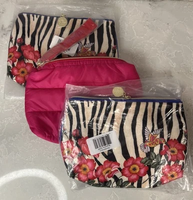 Lote de 3 nuevas bolsas de cosméticos de maquillaje Estee Lauder cebra/colibrí floral y rosa intenso Foto 1 de 4
