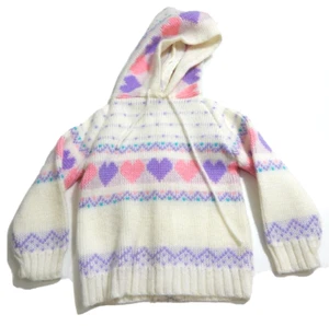 Vintage 1980's Baby 6-9 Months Sweater Pink Purple Heart Kawaii Hooded Up Scale - Picture 1 of 3
