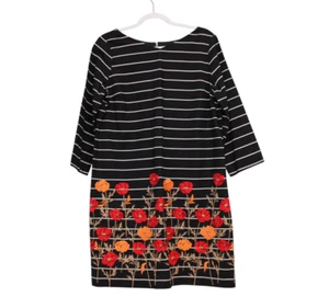 Lands End Dress Size 12 Striped Floral Embroidered Cotton 3/4 Sleeve Stretch - Picture 1 of 12
