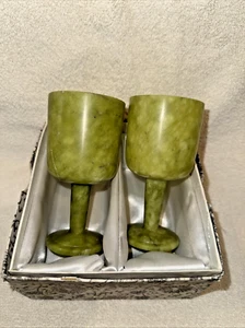 Rare Chinese GREEN JADE Hand Carved WINE GOBLET GLASSES CUPS SET W/ BOX (Light) - Picture 1 of 8