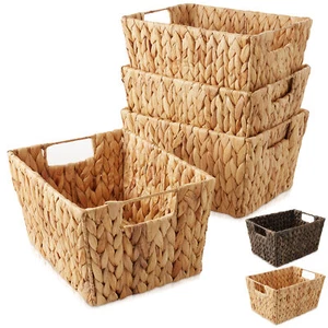 Set of 4 Storage Baskets with Handles, Wicker Seagrass Hyacinth Bins for Shelves - Picture 1 of 22