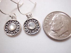 Mother of Pearl 925 Sterling Silver Dangle Round Earrings w/ Tiny Subtle Crosses - Picture 1 of 4