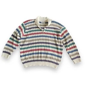 Vintage Alfred Dunner Damenpullover cremefarben mehrfarbig Zopfmuster QTR Reißverschluss 3X 90er - Bild 1 von 8