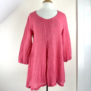 Flax Women's S Linen Pink Blouse, 3/4 Sleeve, Scoop Neck, Lightweight, Lagenlook - Picture 1 of 13
