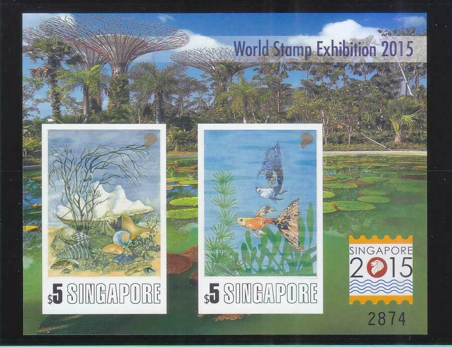 SINGAPORE 2013 WORLD STAMP EXH. 2015 2ND SERIES GUPPLE & SEASHELL IMPERF. SHEET - Image 1 of 2