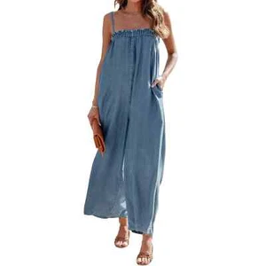 Women Summer Denim Jumpsuit Wide Leg Overall Spaghetti Strap Sleeveless Jean - Picture 1 of 8