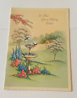 Carte de vœux vintage inutilisée AL paillettes Get bien fontaine à eau avec oiseaux