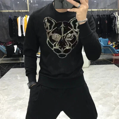 New Fashion Leopard Rhinestone Winter Warm Hoodie Men Luxury Sweatshirt Pullover - Image 1 of 4