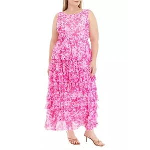 NWT Vince Camuto Plus 2X Maxi Dress Pink Floral Ruffle Mesh Sleeveless Tiered - Picture 1 of 7