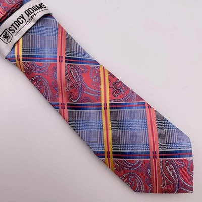 Stacy Adams Mens Paisley Plaid Silk Blend Tie Pocket Square Set NEW - Image 1 of 4