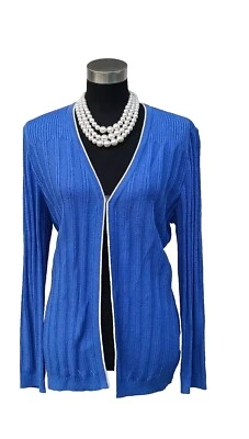 Chaqueta Colección St John Talla 8 Marie Gris Azul Blanco Frente Abierto Tejido Cárdigan M Foto 1 de 4