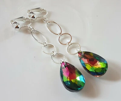 OHRCLIPS  CLIPS VERSILBERT FACETTIERTE KRISTALL TROPFEN LANG - Bild 1 von 3