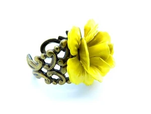 Vintage Inspired Women Ladies Yellow Enamel Rose Brass Filigree Ring Adjustable - Picture 1 of 7