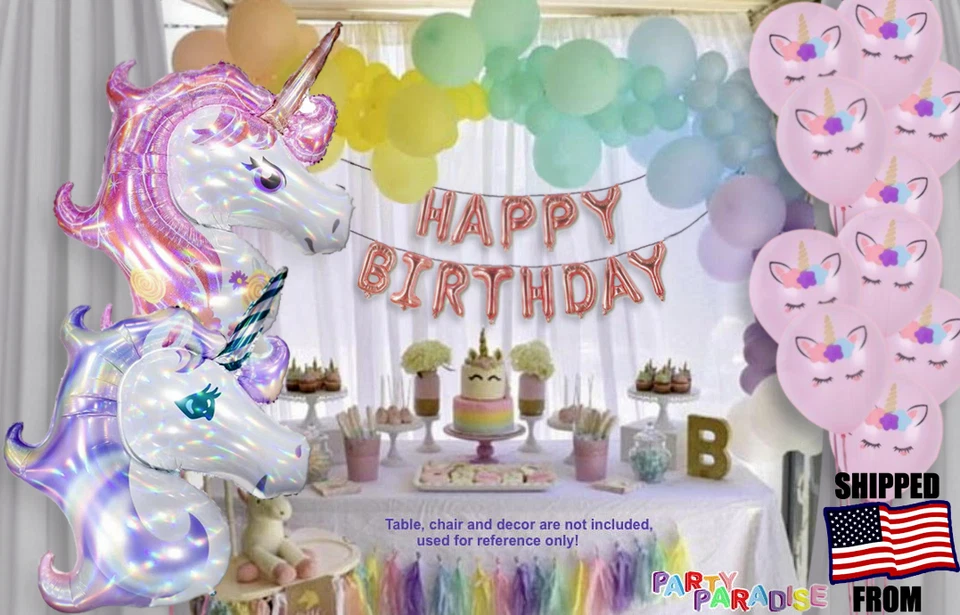 LOTE DE 138 piezas Completo LÁSER UNICORNIO ROSA PASTEL GLOBO Arco FELIZ CUMPLEAÑOS FIESTA Foto 1 de 4