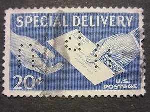 Scott #E20 1954 20¢ Hands & Letter Special Delivery Perfin Stamp “UP” - Picture 1 of 2