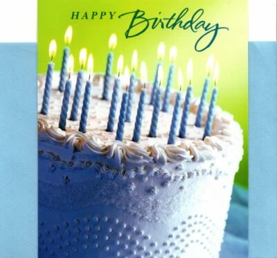 Tarjeta de felicitación azul de deseos de feliz cumpleaños velas y pastel con sello  Foto 1 de 3