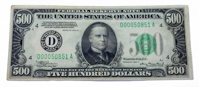 1934-A $500 Federal Reserve Note in Very Fine(VF) Condition 2202-D - Image 1 of 2