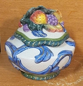 Fitz & Floyd FLORENTINE FRUIT BLUE Small Candy Box with lid, 3 3/4", Excellent - Picture 1 of 9