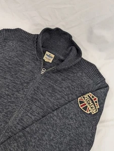 Lucky Brand Full Zip Heathered Gray Long Sleeve Embroidered Patched Sweater Lar - Picture 1 of 7