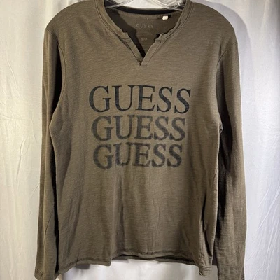 Guess Long Sleeve Logo Graphic T Shirt Olive Green V Neck Women's Small Casual - Image 1 of 4