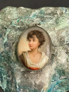 Colgante antiguo con medallón de porcelana pintado a mano - plata 800 - Imagen 1 de 11