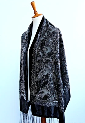 Elegant Black & Gray Color Flower Silk Burnout Velvet Shawl Scarf Wrap - Image 1 of 4