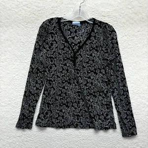 Y2K Vintage Denver Hayes Mesh Top XL Large Women Black White Floral Long Sleeve - Picture 1 of 6