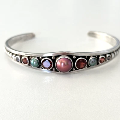 925 Sterling Silver Vintage Multi Gemstone Pearl Garnet Iolite Cuff Bracelet - Image 1 of 4