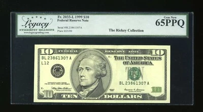 DBR 1999 $10 FRN San Francisco Gem Fr. 2033-L Legacy 65 PPQ Serial BL23861307A - Image 1 of 2