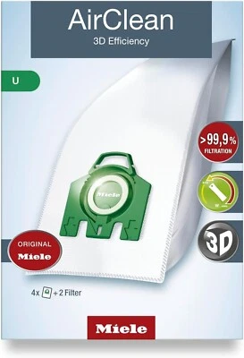 Genuine Miele U AirClean Vacuum Bags 4 Bags & 2 Filters Green Collar - Image 1 of 3