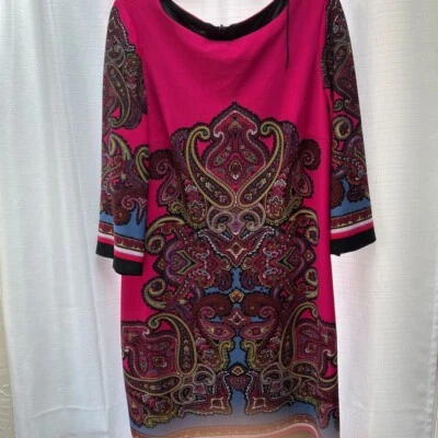 Muse Womens Shift Dress Multicolor Paisley Stretch Scoop Neck 3/4 Sleeve Zip 14 - Image 1 of 4