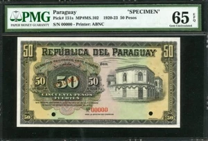 Paraguay 1920-1923 50 Pesos P151s Specimen PMG 65 EPQ GEM UNC💘 - Picture 1 of 2