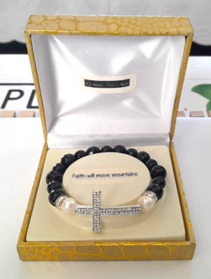 Pulsera elástica cruz estrás fe cristiana piedra ágata negra genuina nueva en caja Foto 1 de 4