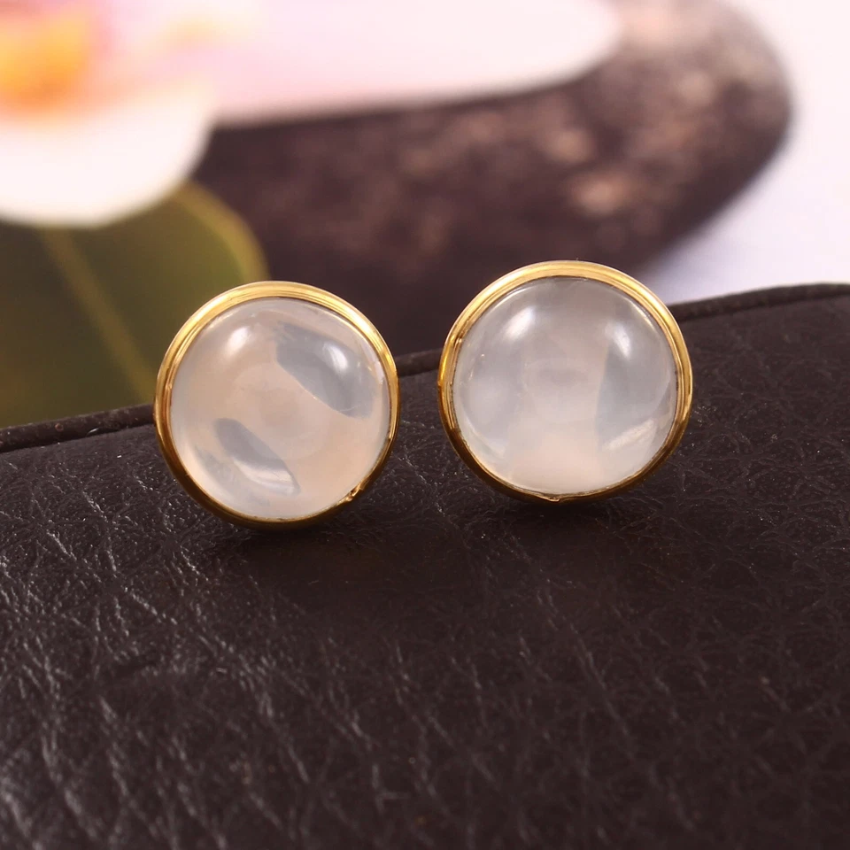 Natural Round Cabochon Moonstone Earrings in 18k Solid Yellow Gold For Women - Image 1 of 4