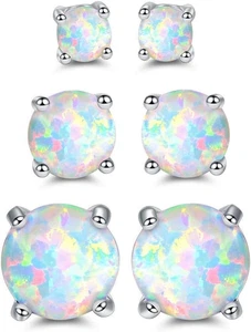 18K White Gold Plated Created Opal Stud Earrings 3 Pack Set - Picture 1 of 5