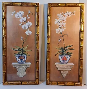 Coppia di orchidee 9"x21" stampe incorniciate di Richard A Henson finto legno bambù oro - Foto 1 di 6