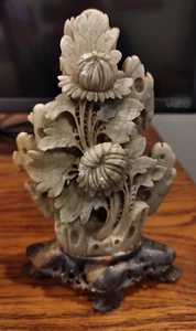 Beautiful Vintage Chinese Soapstone Floral Flower Carving 6-1/4" Signed? - Picture 1 of 5