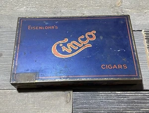 Cinco Cigars Tin Box Antique Hinged Vintage Cigar Tin Old With Ephemera & Photos - Picture 1 of 8