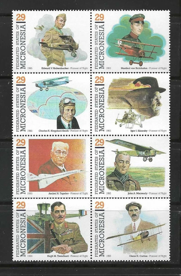 MICRONESIA , USA ,1993 , PIONEERS OF FLIGHT , BLOCK OF 8 STAMPS , MNH , CV$5 - Image 1 of 1