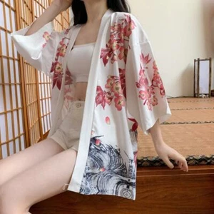Cardigan donna sexy Yukata kimono modello gru giacca cappotto floreale Harajuku chic - Foto 1 di 11