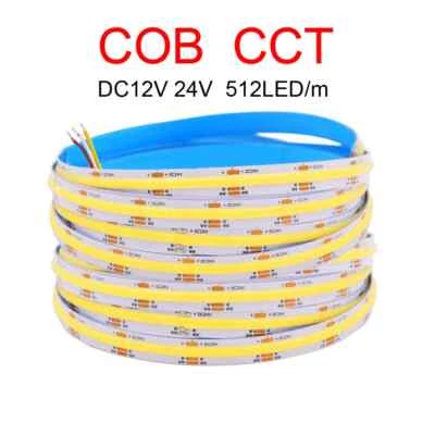 Tira de Luz LED COB CCT 12V 24V 512 LEDs 10mm PCB 0.5m 1m 2m 5m Blanco Cálido/Blanco Foto 1 de 4