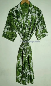 Green Leaf Floral Print Cotton Bath Robe Women's Long Gown Maxi Nightwear Kimono - Picture 1 of 5